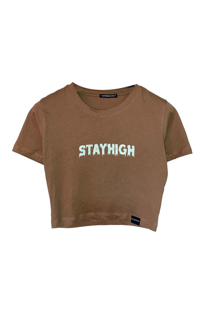 Fosforlu Baskılı Kahve Crop Tişört - Stayhigh | Brown Crop T-shirt