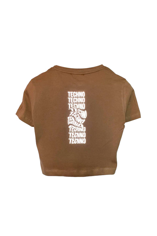 Reflektör Baskılı Kahve Crop Tişört - Techno Revolution | Brown Crop T-shirt.