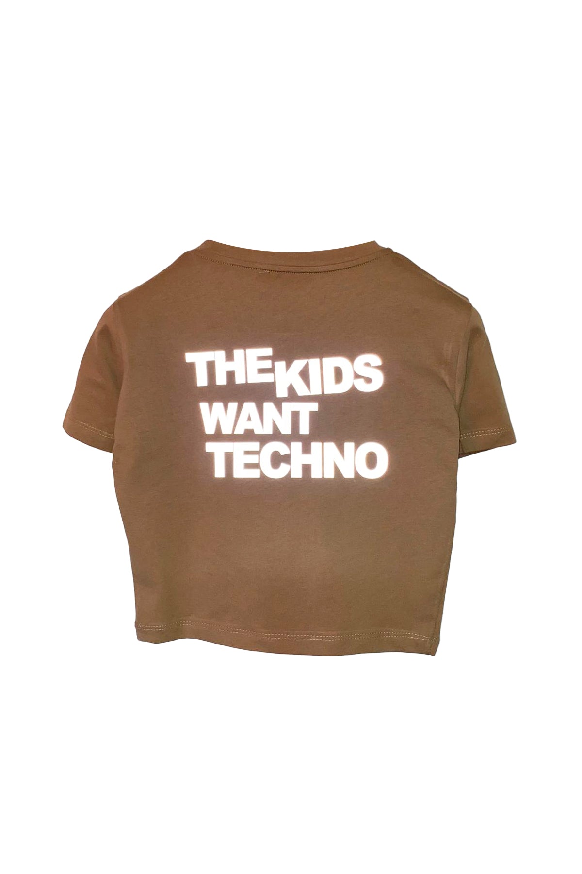 Reflektör Baskılı Kahve Crop Tişört - The Kids Want Techno | Brown Crop T-shirt.