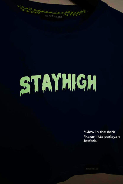 Fosforlu Baskılı Mavi Crop Tişört - Stayhigh | Blue Crop T-shirt.