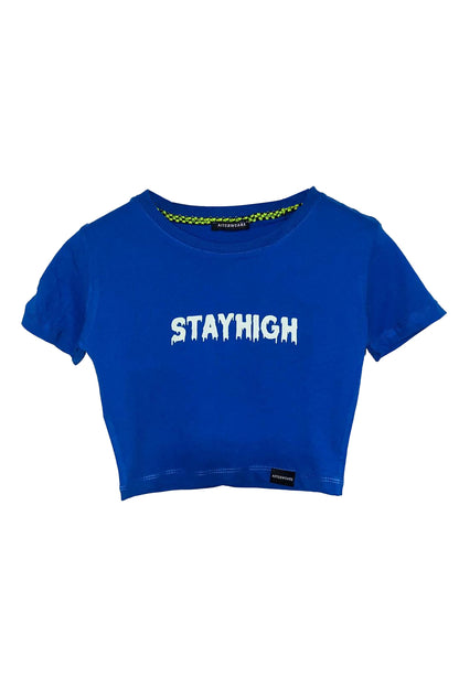 Fosforlu Baskılı Mavi Crop Tişört - Stayhigh | Blue Crop T-shirt.