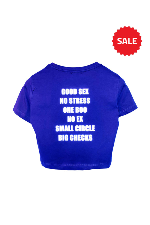 Reflektör Baskılı Mavi Crop Tişört - Good Sex No Stress | Blue Crop T-shirt