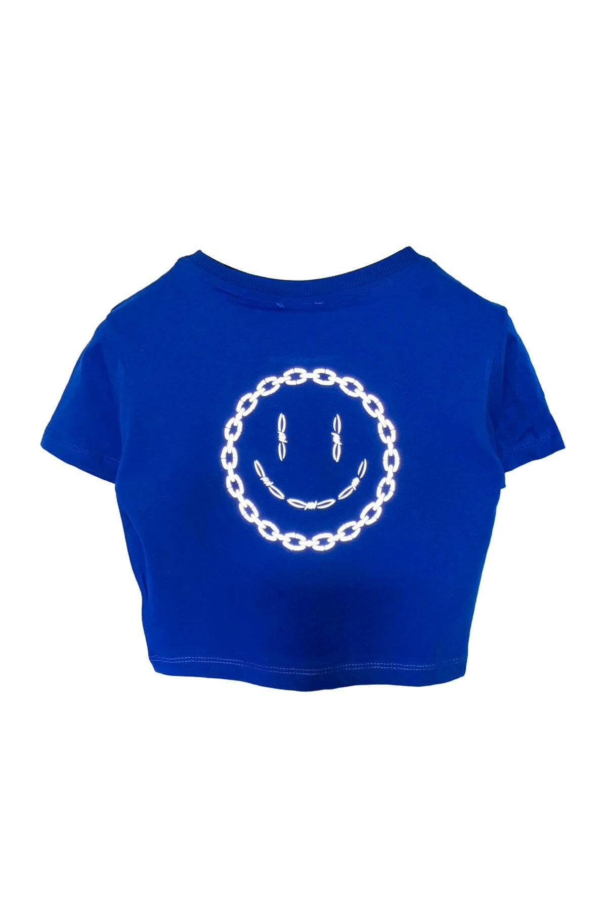 Reflektör Baskılı Mavi Crop Tişört - Acid Chain | Blue Crop T-shirt.