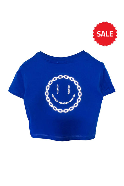 Reflektör Baskılı Mavi Crop Tişört - Acid Chain | Blue Crop T-shirt.