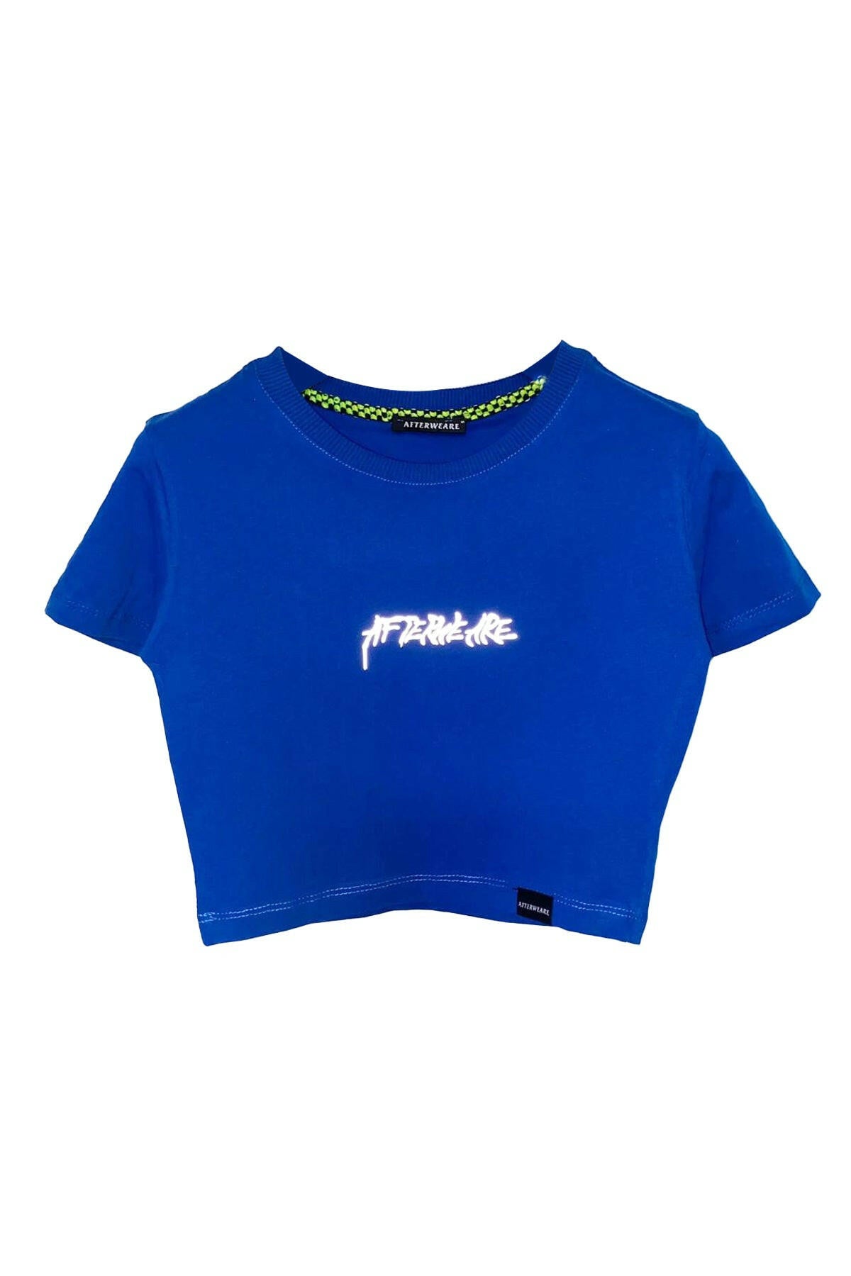 Reflektör Baskılı Mavi Crop Tişört - Acid Chain | Blue Crop T-shirt.