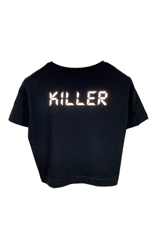 ektör baskılı siyah crop tişört - bpm killer reflective print black crop top