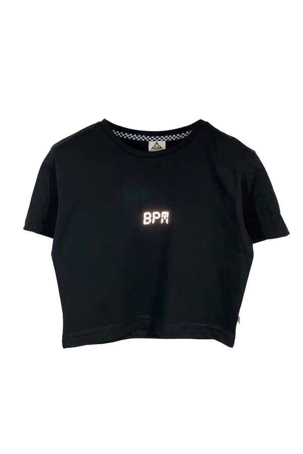 ektör baskılı siyah crop tişört - bpm killer reflective print black crop top