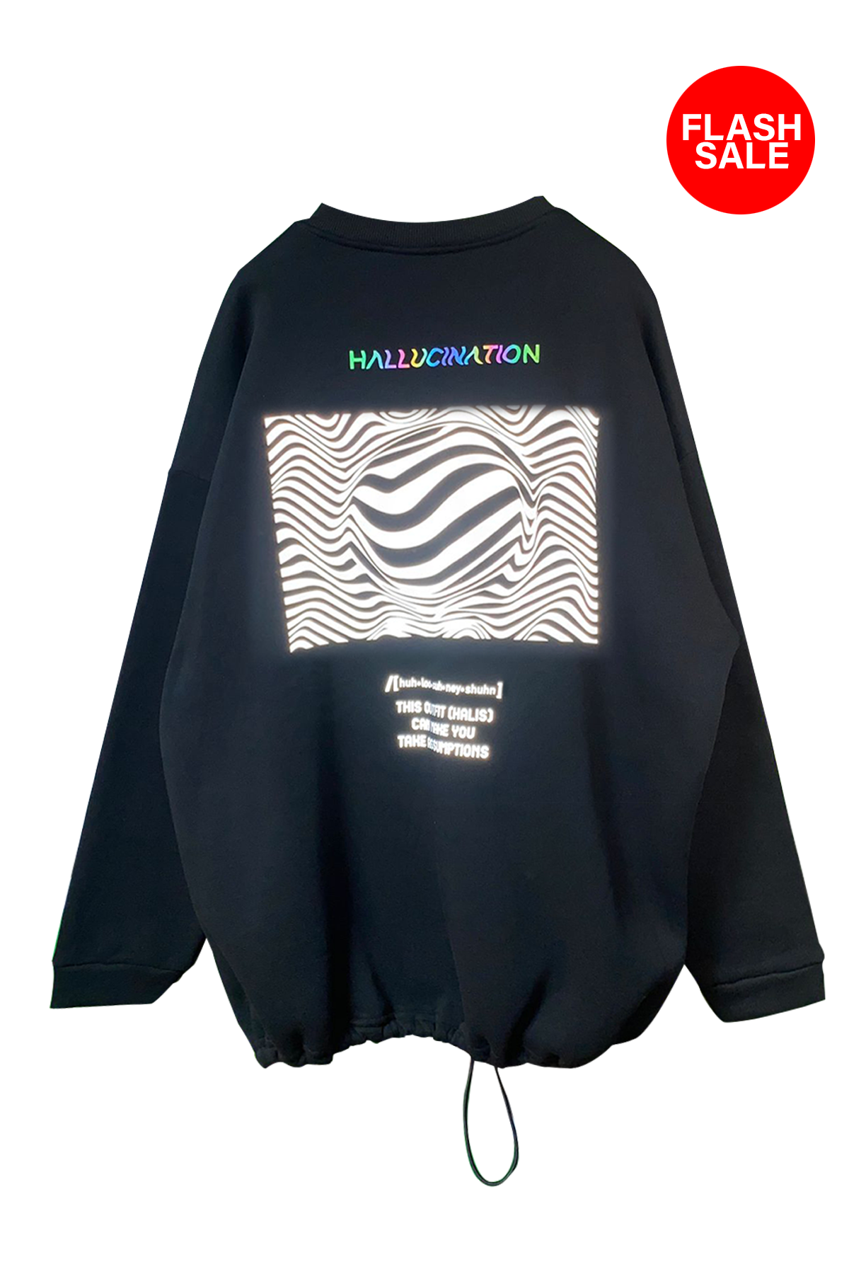 Unisex Siyah Oversized Sweatshirt – 'HALLUCINATION' reflective flash sale.