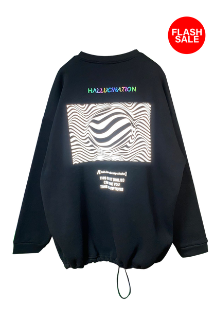 Unisex Siyah Oversized Sweatshirt – 'HALLUCINATION' reflective flash sale.