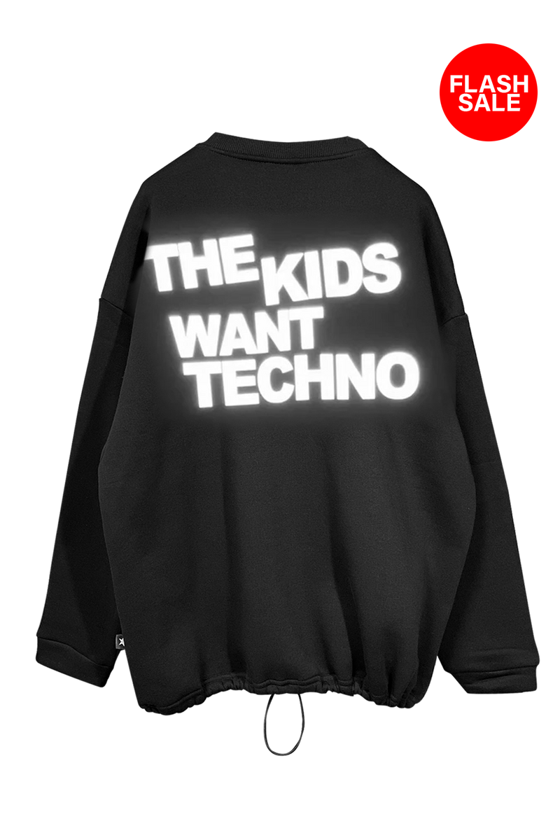 Unisex Siyah Oversized Sweatshirt – 'THE KIDS WANT TECHNO' reflective flash sale