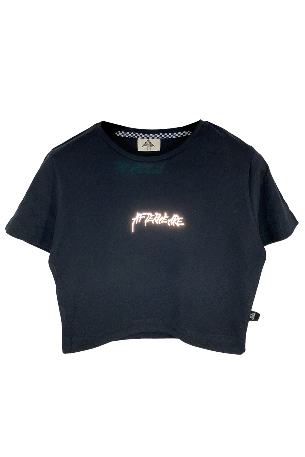 Reflektör baskılı siyah crop tişört - Acid Chain - afterweare reflective print black crop top