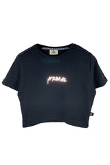 Reflektör baskılı siyah crop tişört - Acid Chain - afterweare reflective print black crop top