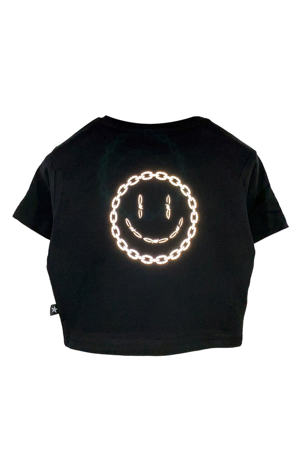 Reflektör baskılı siyah crop tişört - Acid Chain - afterweare reflective print black crop top