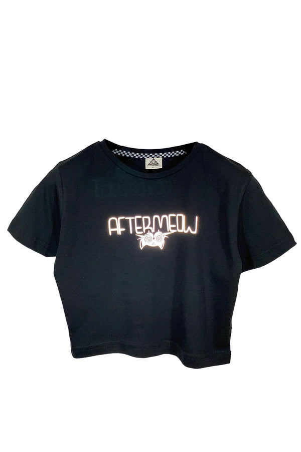 Reflektör baskılı siyah crop tişört - Aftermeow  reflective print black crop top