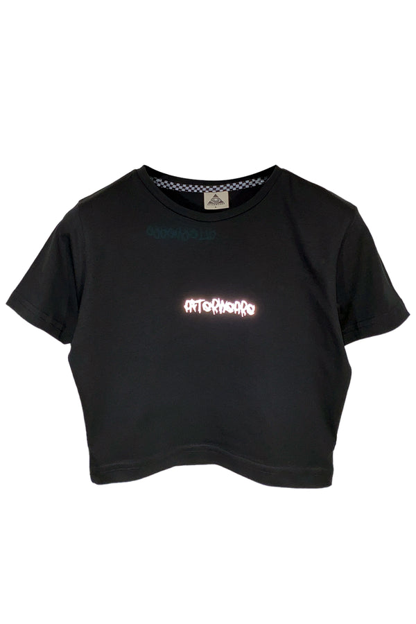 Reflektör baskılı siyah crop tişört - afterweare reflective print black crop top