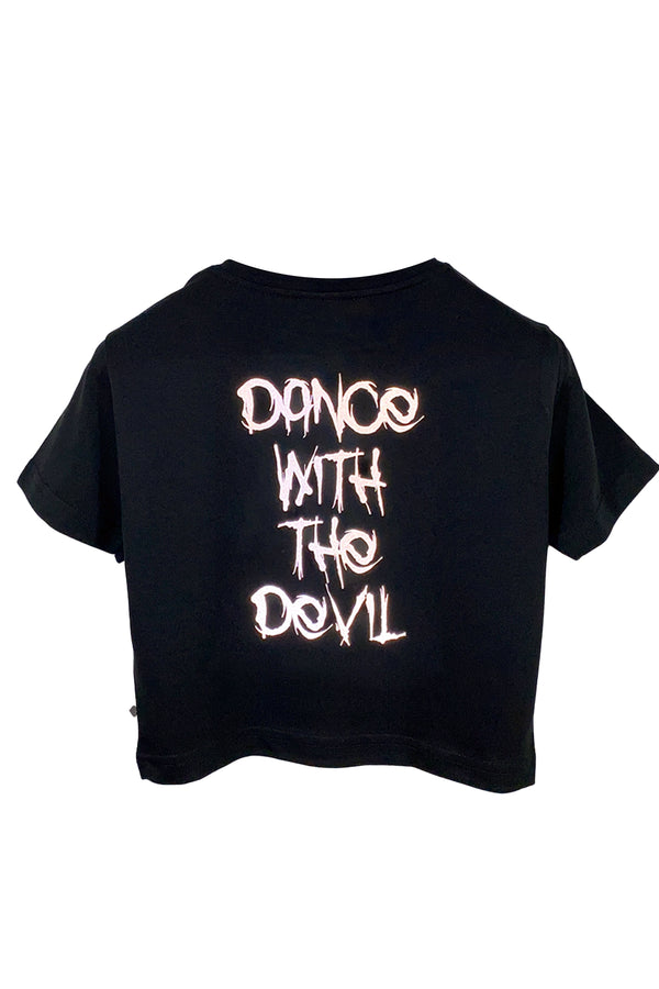 Reflektör baskılı siyah crop tişört - Dance With The Devil reflective print black crop top