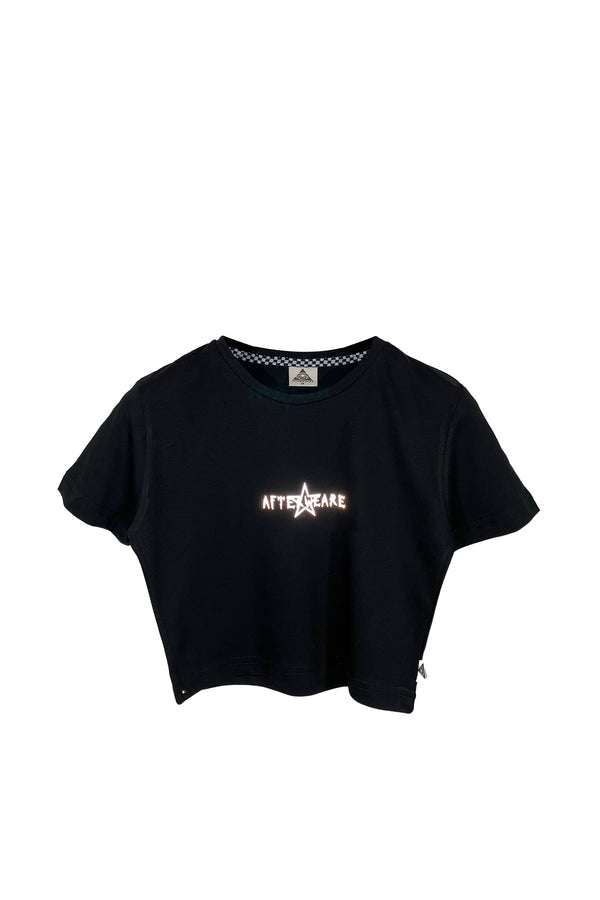 Reflektör baskılı siyah crop tişört - Techno Tells Truth - afterweare reflective print black crop top