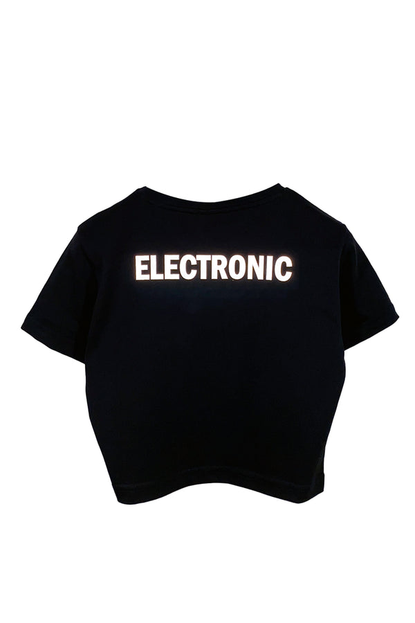 Reflektör baskılı siyah crop tişört - Electronic reflective print black crop top
