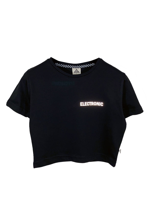Reflektör baskılı siyah crop tişört - Electronic reflective print black crop top
