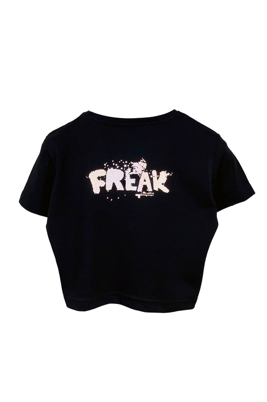 Siyah Crop Tişört - FREAK | Reflective Print Black Crop T-shirt.