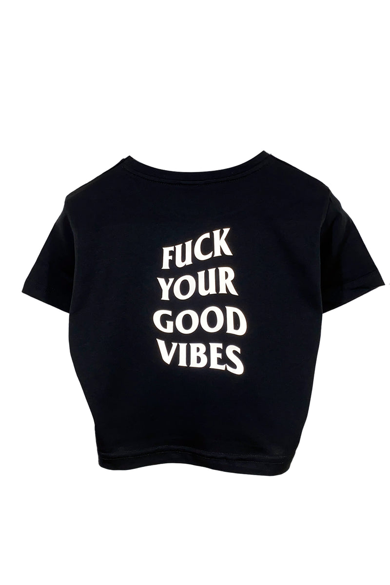 Reflektör baskılı siyah crop tişört - fuck your good vibes reflective print black crop top