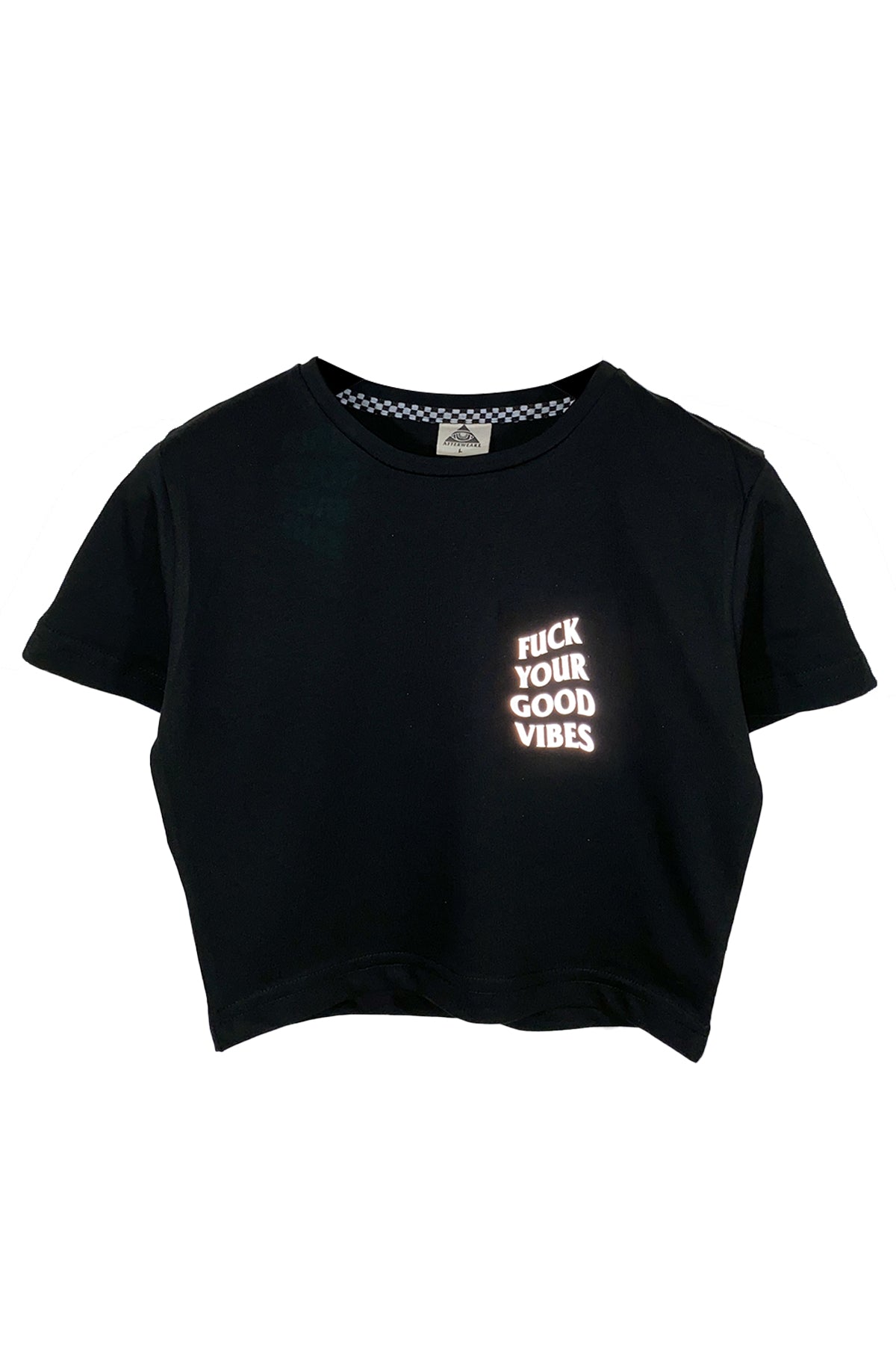 Reflektör baskılı siyah crop tişört - fuck your good vibes reflective print black crop top