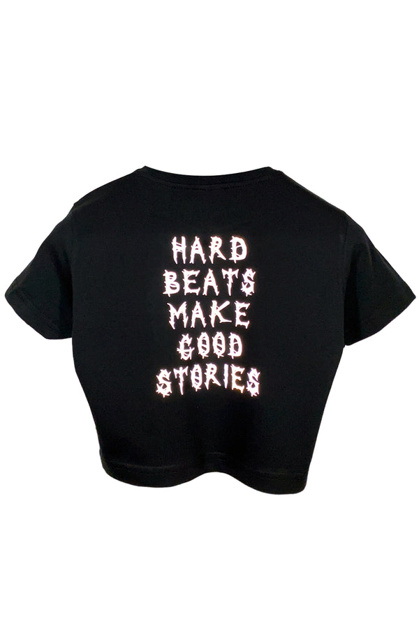 Reflektör baskılı siyah crop tişört - Hard Beats Make Good Stories - afterweare reflective print black crop top