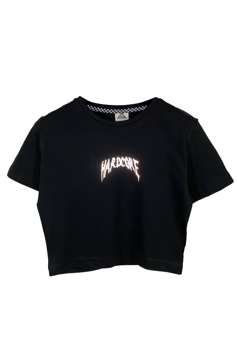 Reflektör baskılı siyah crop tişört -  reflective print black crop top