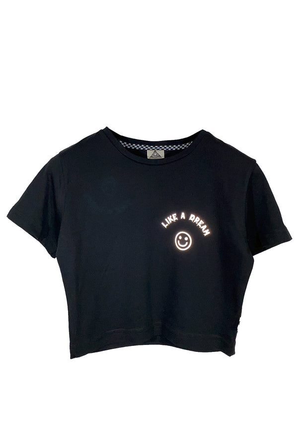 Reflektör baskılı siyah crop tişört - like a dream reflective print black crop top