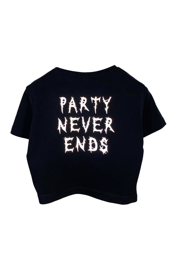 Reflektör baskılı siyah crop tişört - Party Never Ends reflective print black crop top