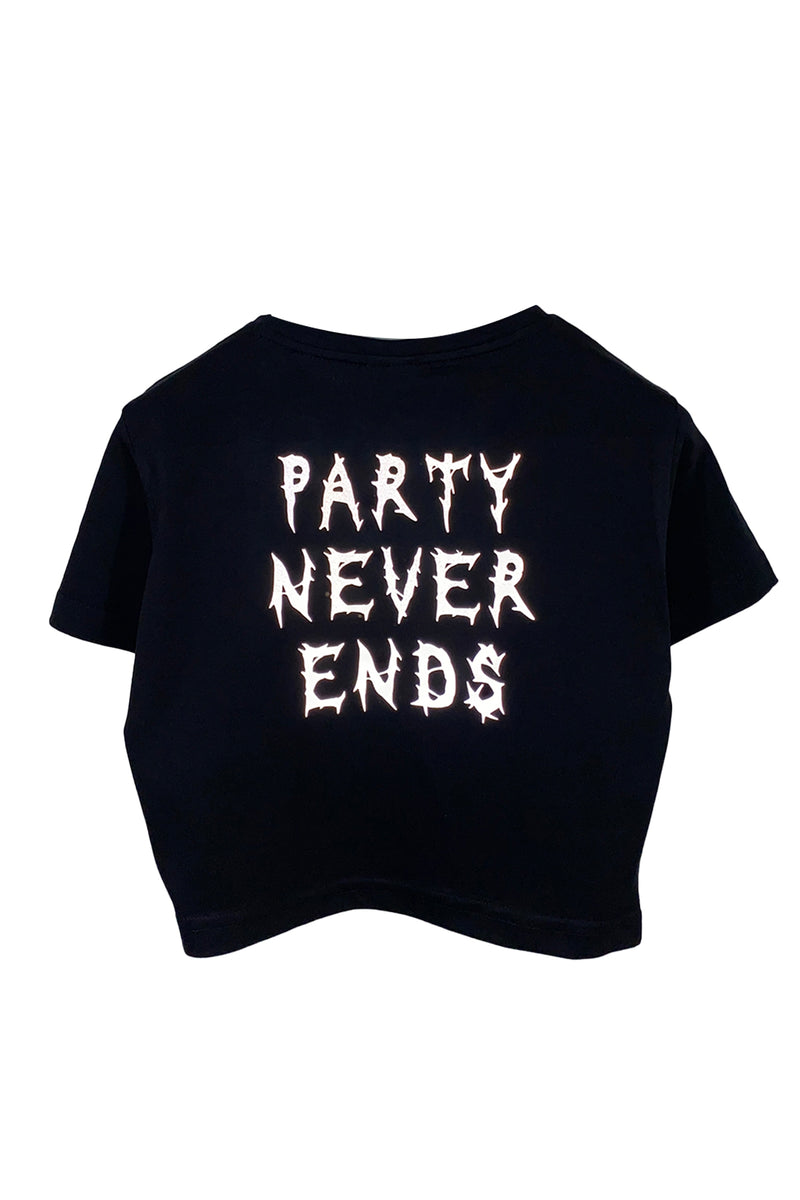 Reflektör baskılı siyah crop tişört - Party Never Ends reflective print black crop top