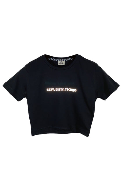 Reflektör baskılı siyah crop tişört - sexy, dirty, techno, bang bang bang reflective print black crop top