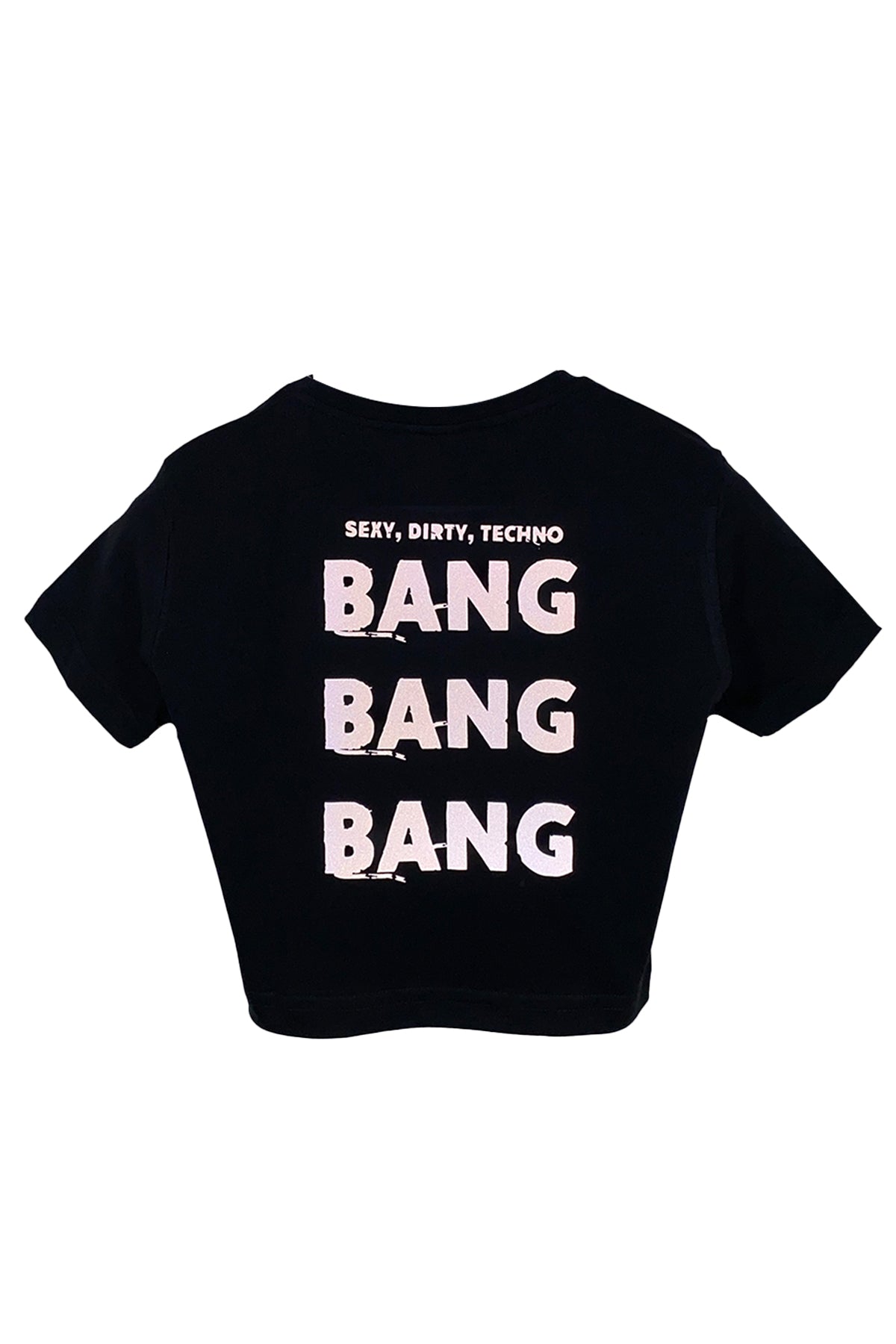 Reflektör baskılı siyah crop tişört - sexy, dirty, techno, bang bang bang reflective print black crop top