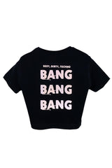 Reflektör baskılı siyah crop tişört - sexy, dirty, techno, bang bang bang reflective print black crop top