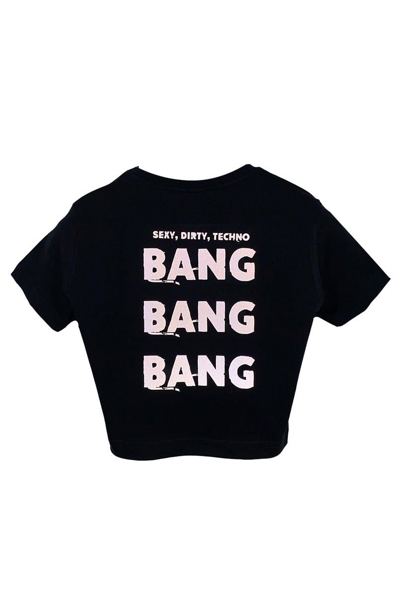 Reflektör baskılı siyah crop tişört - sexy, dirty, techno, bang bang bang reflective print black crop top