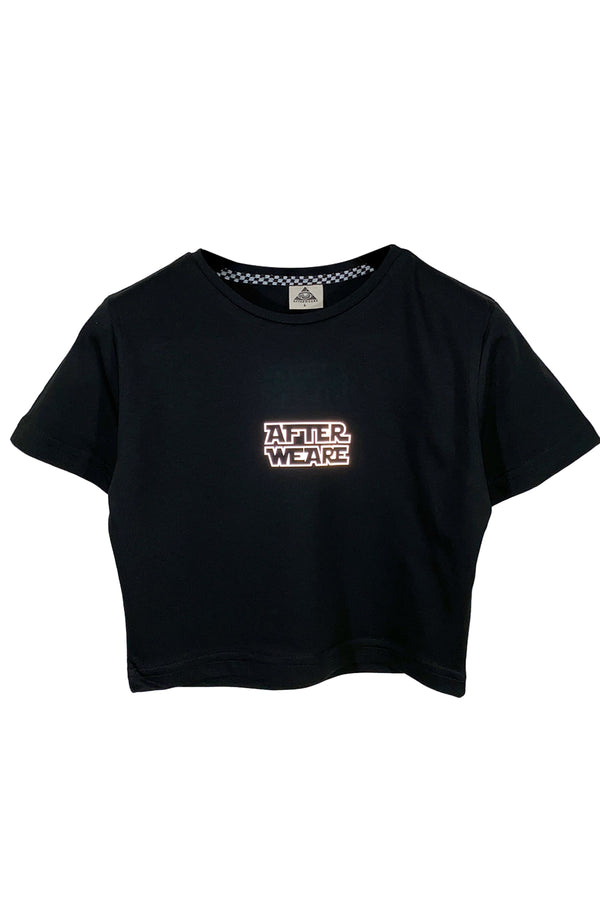 Reflektör baskılı siyah crop tişört - start rave reflective print black crop top
