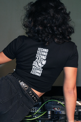 SCHWARZES CROP T-SHIRT 'TECHNO REVOLUTION' REFLEKTIEREND