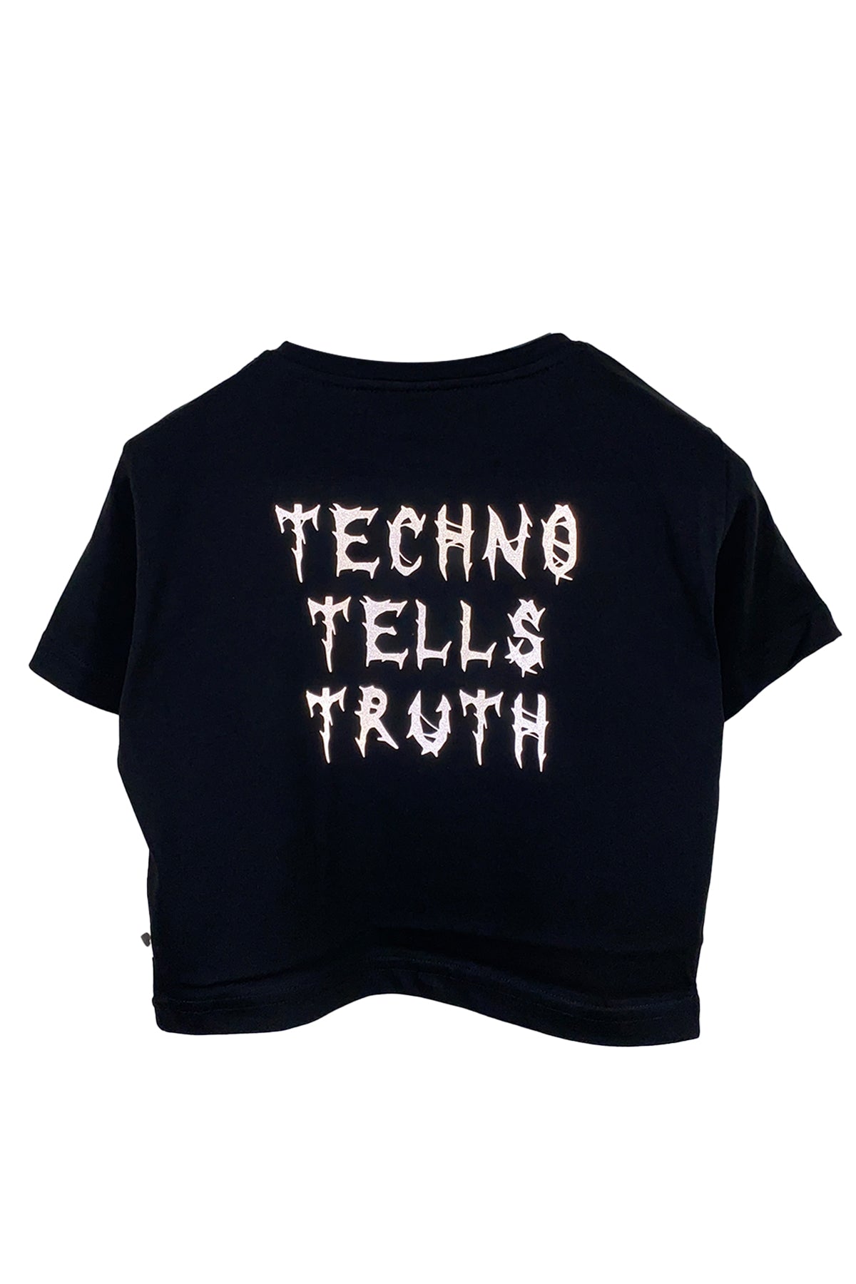 Reflektör baskılı siyah crop tişört - Techno Tells Truth - afterweare reflective print black crop top