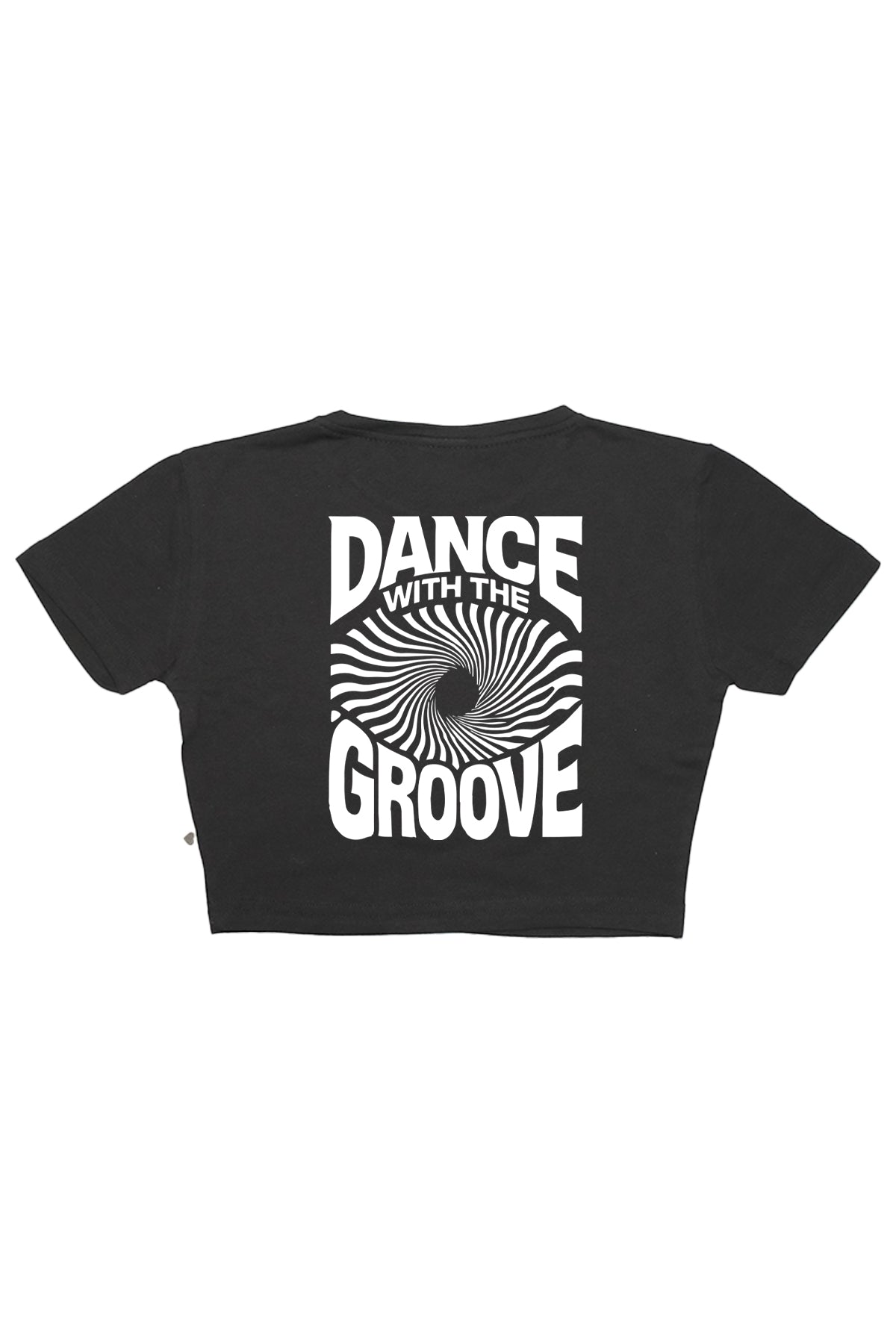 dance with the groove baskılı siyah crop tişört görseli, techno temalı kadın giyim tasarımı.