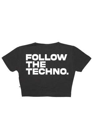 follow the techno  baskılı siyah crop tişört görseli, techno temalı kadın giyim tasarımı.