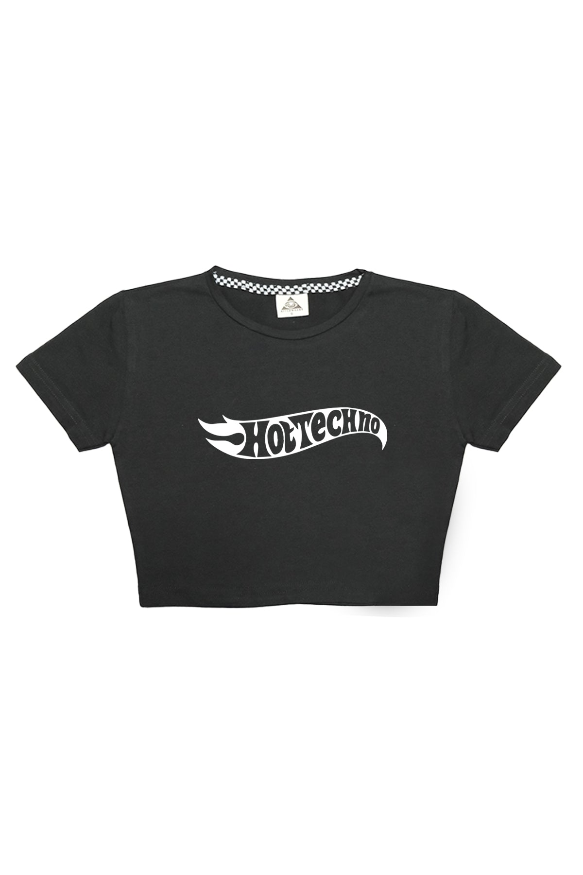 hot techno baskılı siyah crop tişört görseli, techno temalı kadın giyim tasarımı.