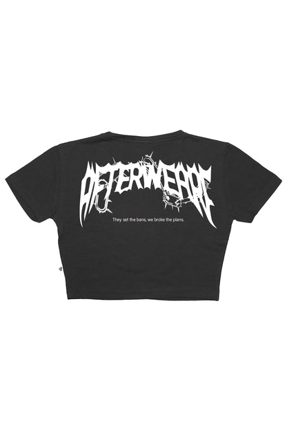 afterweare baskılı siyah crop tişört görseli, techno temalı kadın giyim tasarımı.