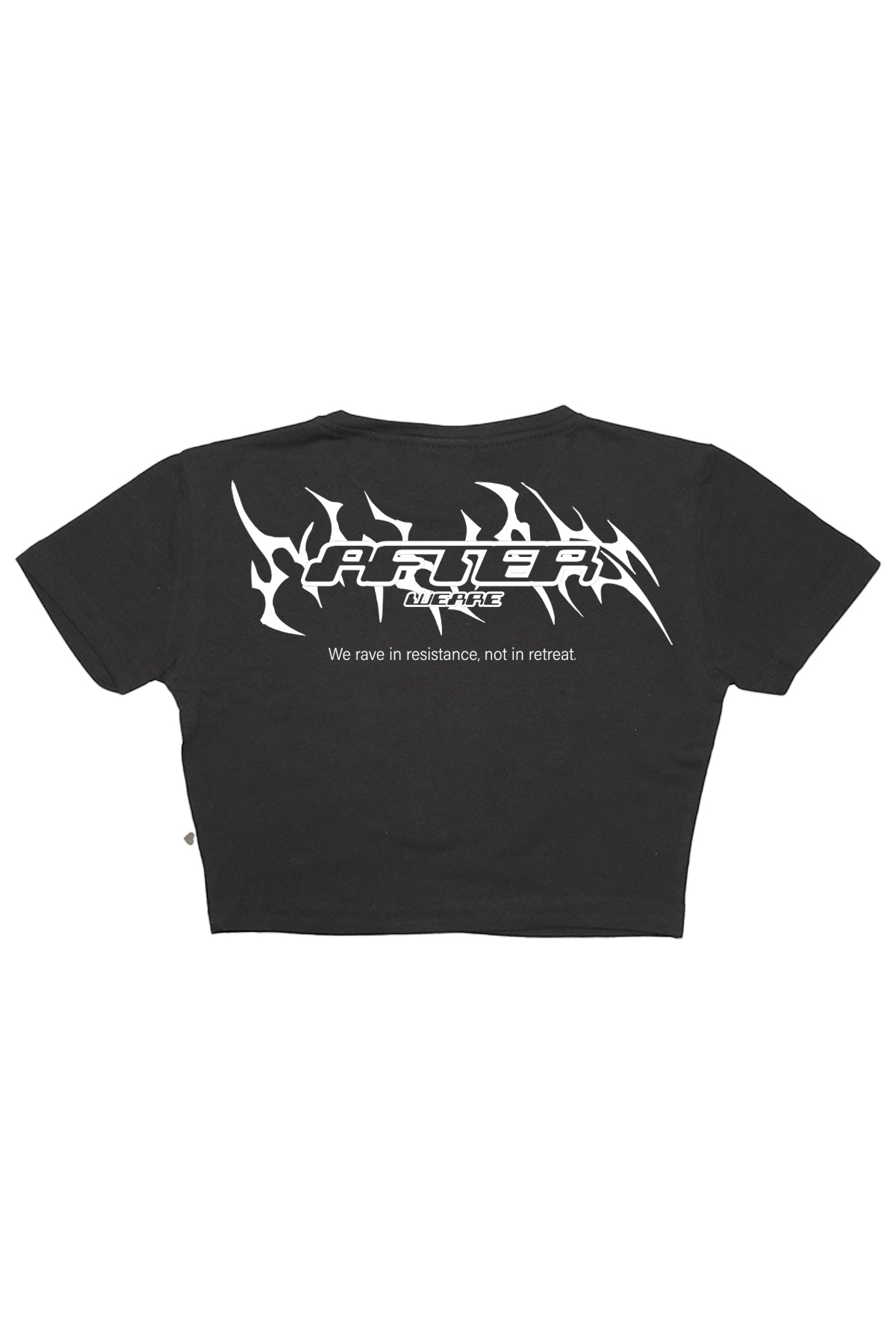 afterweare baskılı siyah crop tişört görseli, techno temalı kadın giyim tasarımı.