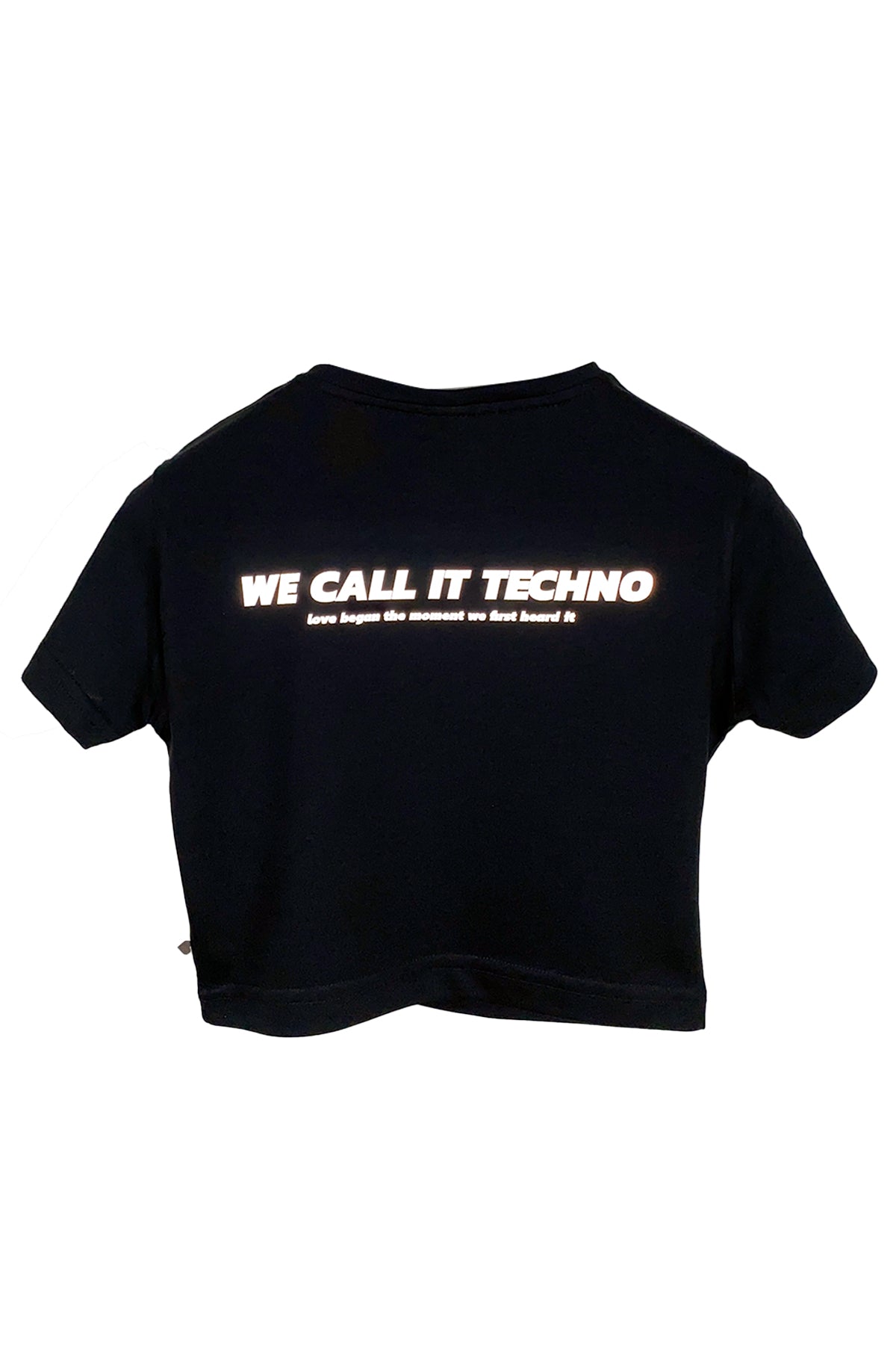 Reflektör baskılı siyah crop tişört - We call it techno reflective print black crop top