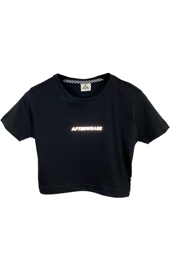 Reflektör baskılı siyah crop tişört - We call it techno reflective print black crop top