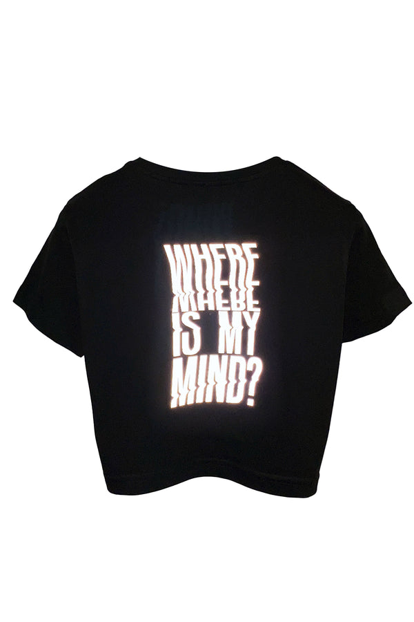 Reflektör baskılı siyah crop tişört - Where is My Mind? reflective print black crop top