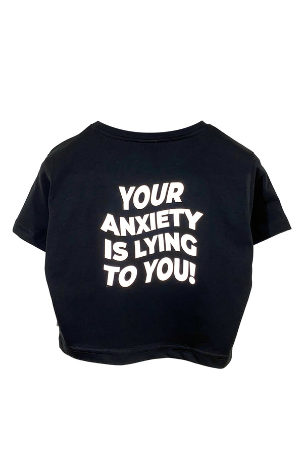 Reflektör baskılı siyah crop tişört - your anxiety is lying to you reflective print black crop top