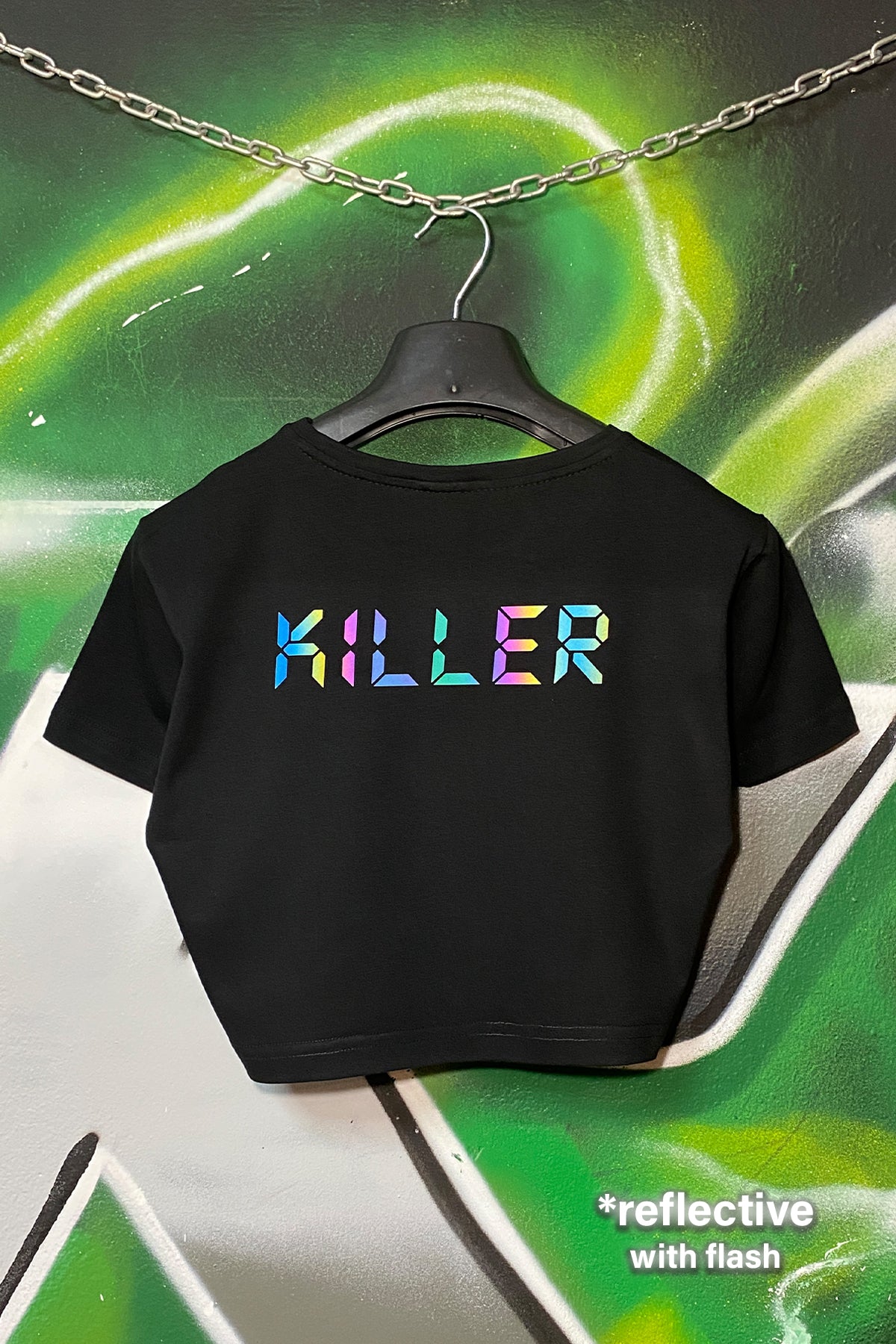 Reflektör Baskılı Siyah Crop Tişört - BPM KILLER | Reflective Print Black Crop T-shirt.