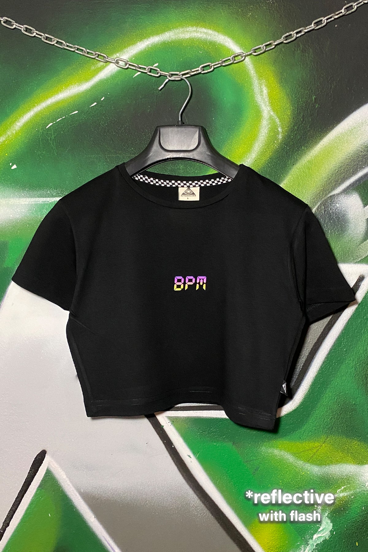 Reflektör Baskılı Siyah Crop Tişört - BPM KILLER | Reflective Print Black Crop T-shirt.