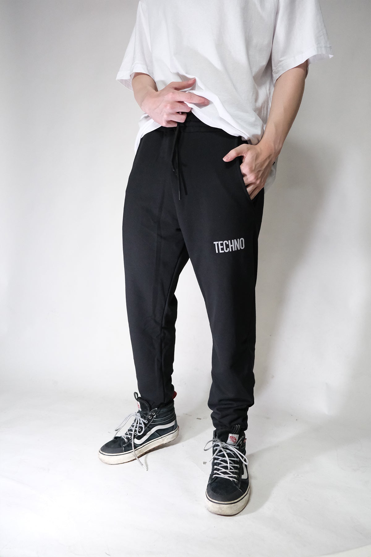 techno baskılı siyah erkek eşofman altı jogger